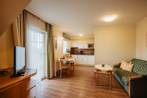 Bad Füssing, 2024, Appartementhaus St. Florian, Appartement Kirschbaum, Wohnzimmer, Küche, Gastgeber